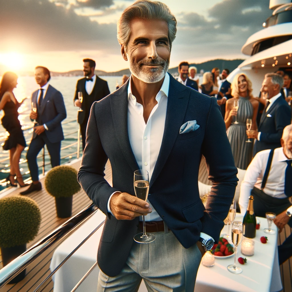 Man standing on a yacht with a glass of Champagne, celebrating his retirement party. Guests in background.